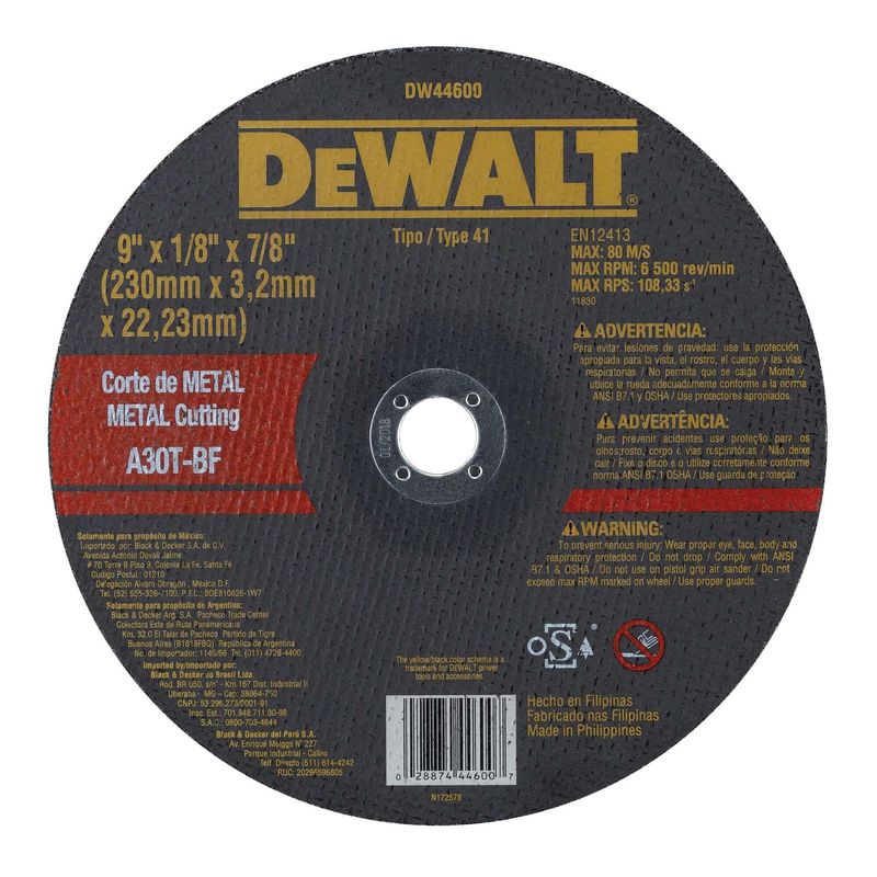 DEWALT - Disco corte de metal inoxidable 9" x 1/8" DEWALT DW44600