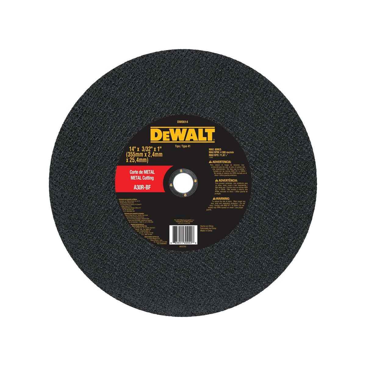 DEWALT - Disco corte de metal 14" x 3/32" DEWALT DW0014