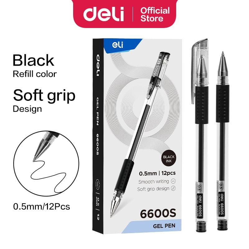 DELI - caja de 12pcs Lápiz de tinta gel punta fina 0.5 mm negro