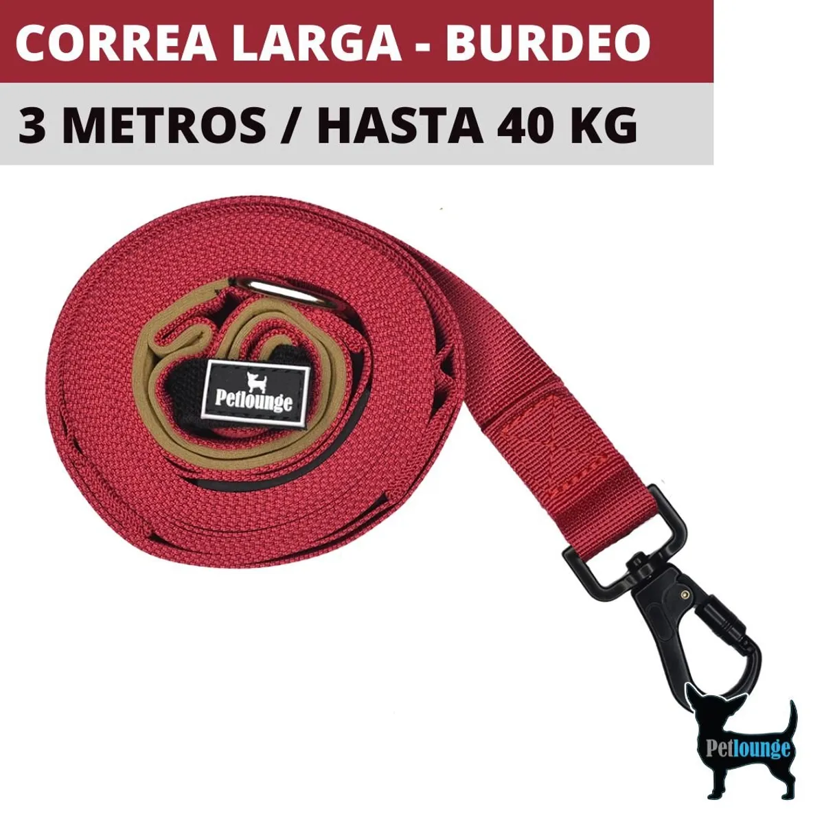 PETLOUNGE - Correa Larga Perros - Reforzada - 3 Metros - Burdeo - Perro