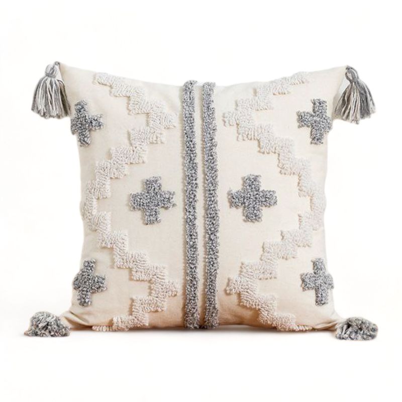 GENERICO - Funda Para Cojín Diseño Boho Lino Bordado Flecos 45x45cm - Multicolor