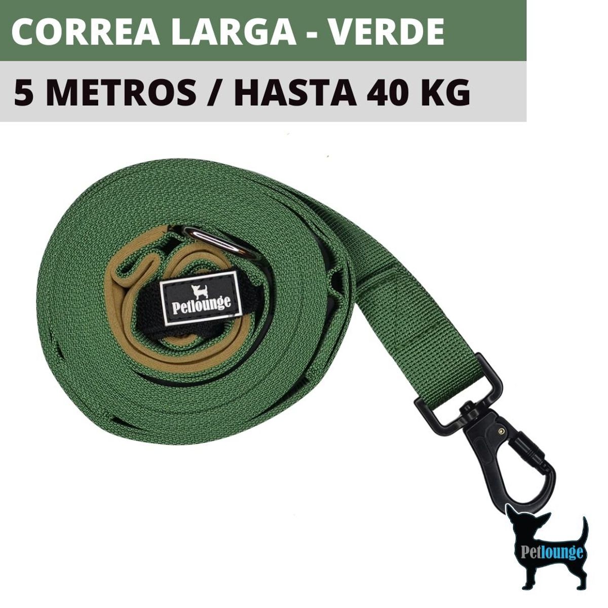 PETLOUNGE - Correa Larga Perros - Reforzada - 5 Metros - Verde - Perro
