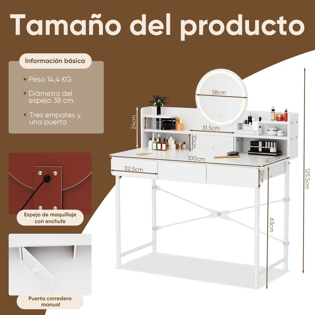 YAYKO - Mesa De Noche Tocador De Madera 3 Cajones Espejo Led 100X40X126cm