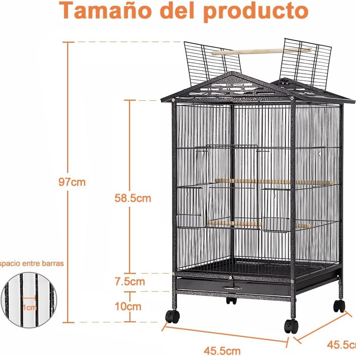 BLUEDREAMER - Jaula grande de metal con ruedas 97cmx45cmx45cm