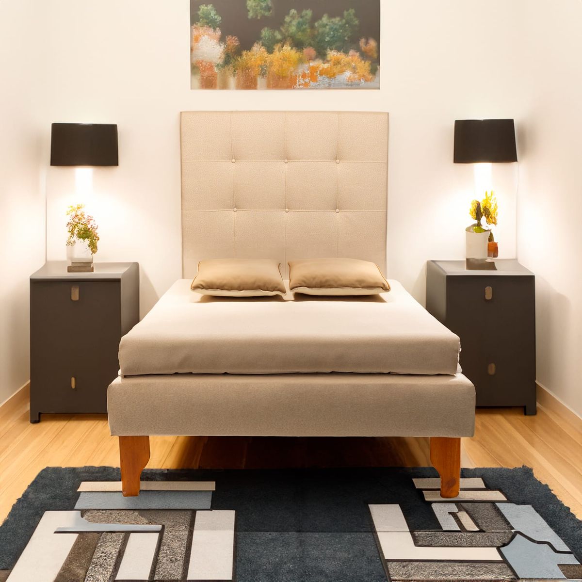 DISEÑOS VALESTRINI - CAMA PLAZA Y MEDIA LINO BEIGE SIN COLCHON