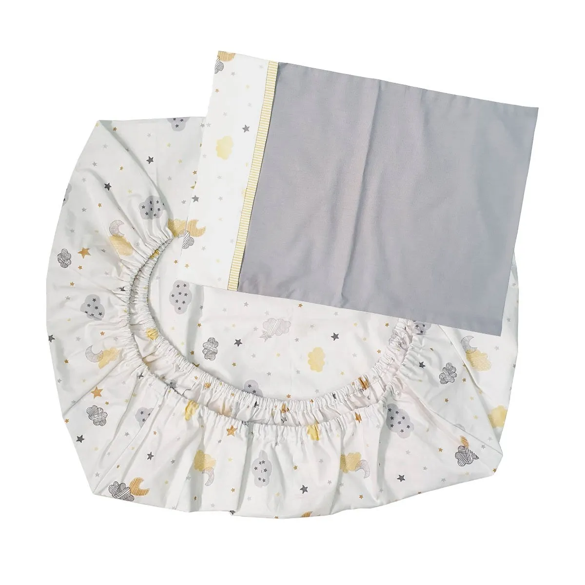 GENERICO - Sábana Bajera para Colecho y Funda de Almohada Nubes y Lunas Amarillo