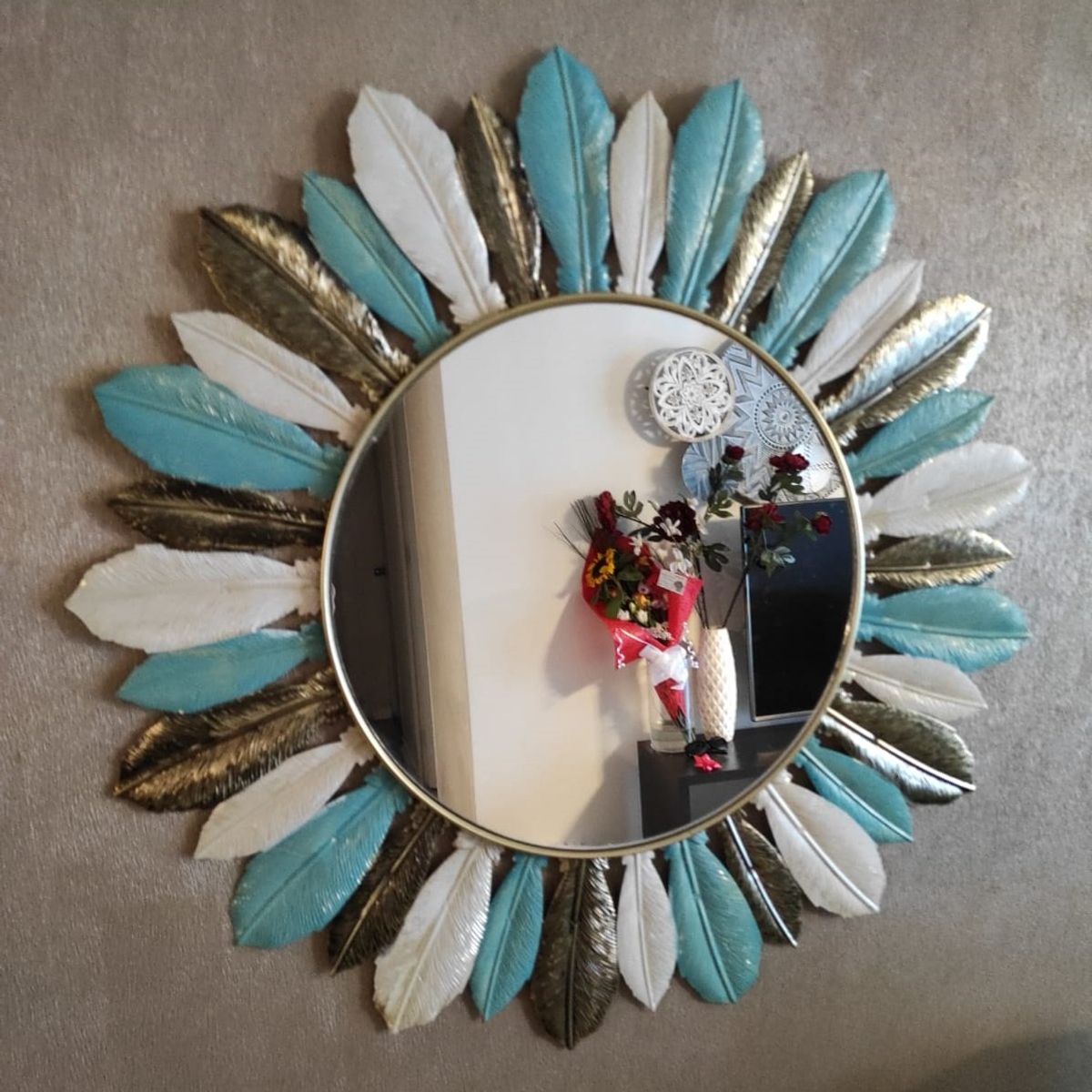 GENERICO - Espejo Circular Plumas de Metal 54CM