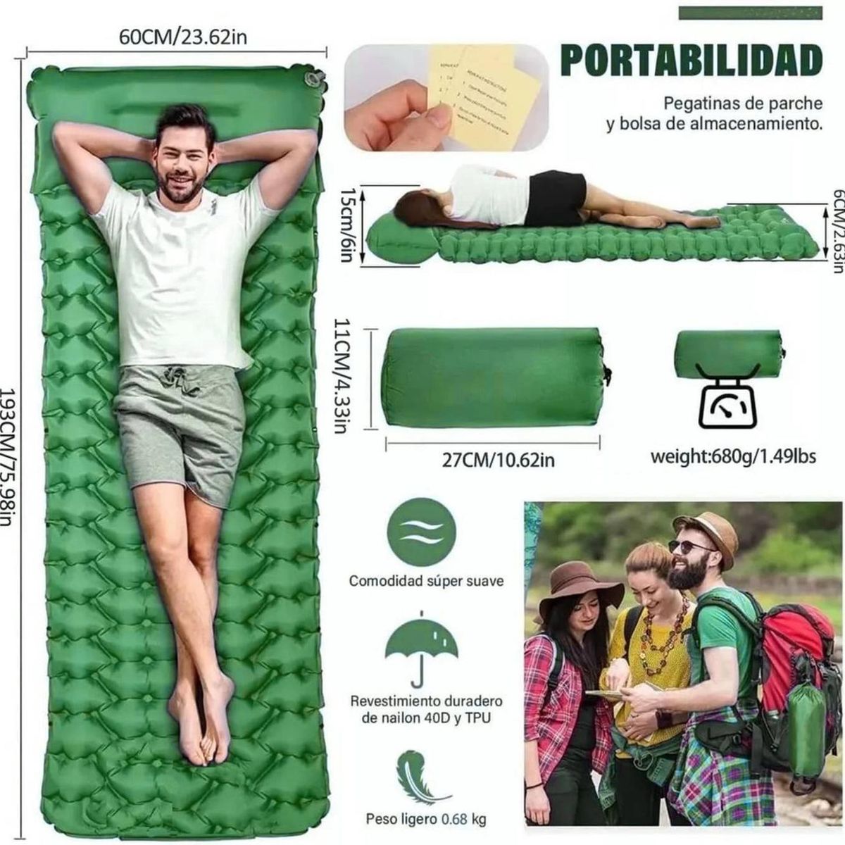 YEP S - colchon Inflable Plegable Para Camping Outdoor - Verde