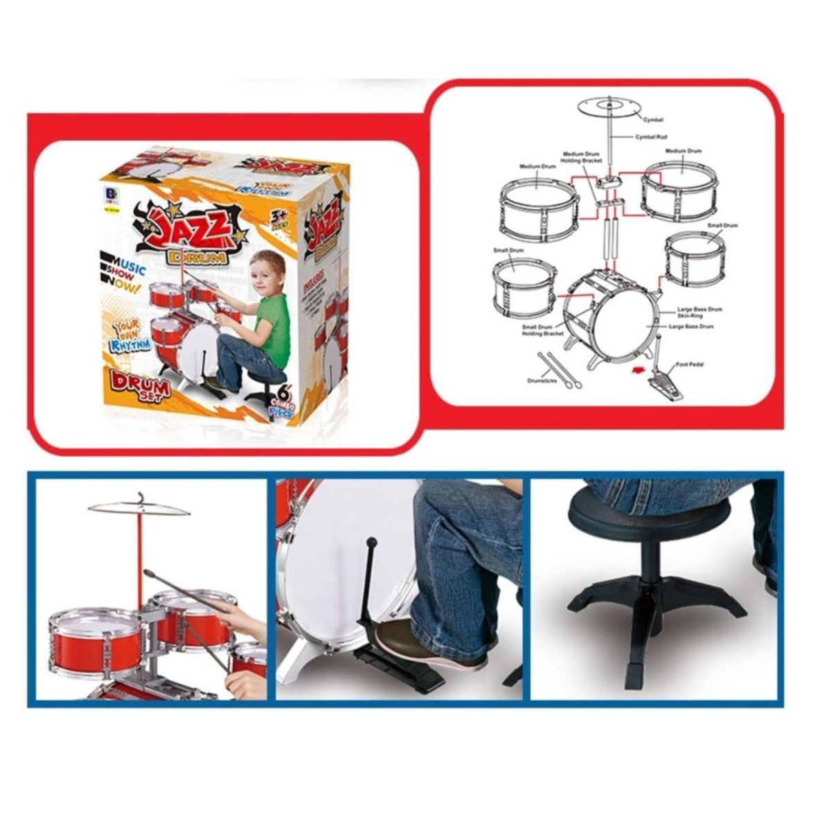 GENERICO - Bateria Musical De Juguete 6 piezas 82cm Rojo
