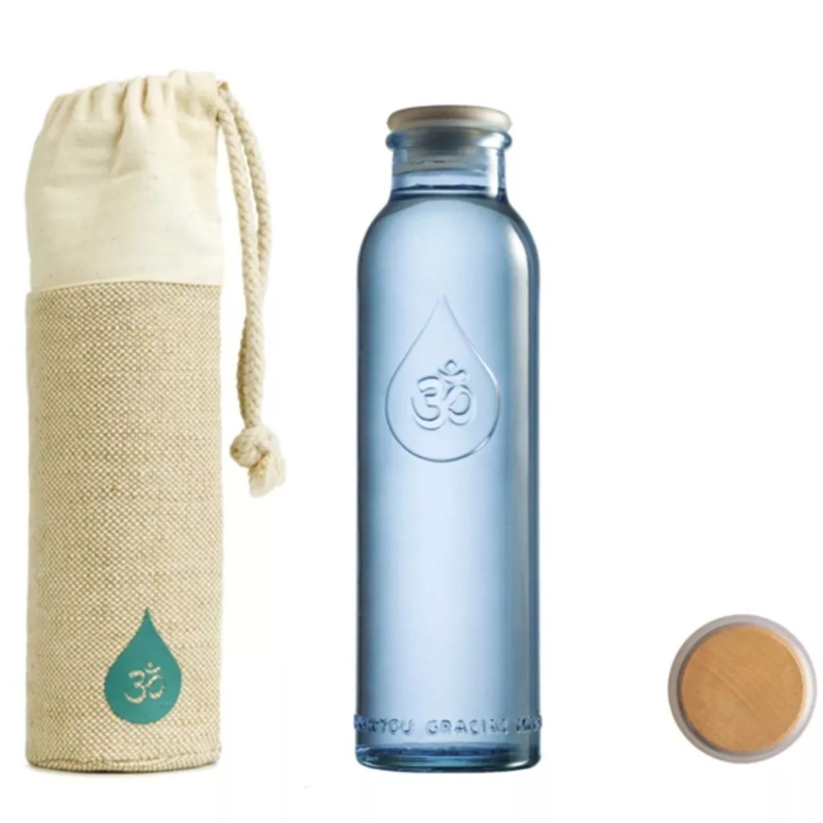 ALKANATUR - Botella de Vidrio OmWater Gratitude 500ml Funda 50%Algodón 100%Cáñamo