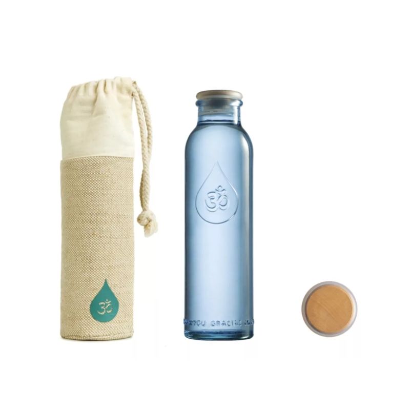 ALKANATUR - Botella de Vidrio OmWater Gratitude 500ml Funda 50%Algodón 100%Cáñamo