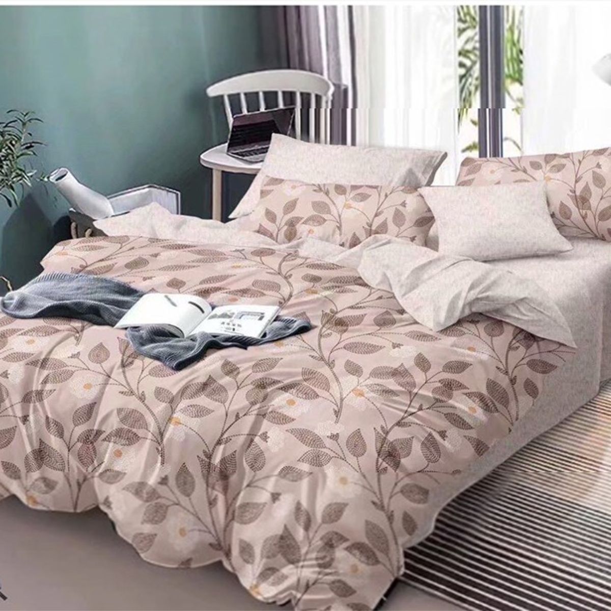 GENERICO - CUBRECAMA DE VERANO DELGADO QUILT 1.5 PLAZA BEIGE CON HOJAS DIANA