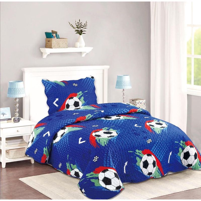 GENERICO - CUBRECAMA DE VERANO DELGADO QUILT 1.5 PLAZA AZUL BALON DE FUTBOL DIANA