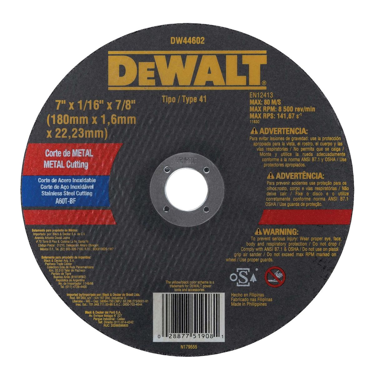 DEWALT - Disco corte de metal acero inox 7" x 1/16" DEWALT DW44602