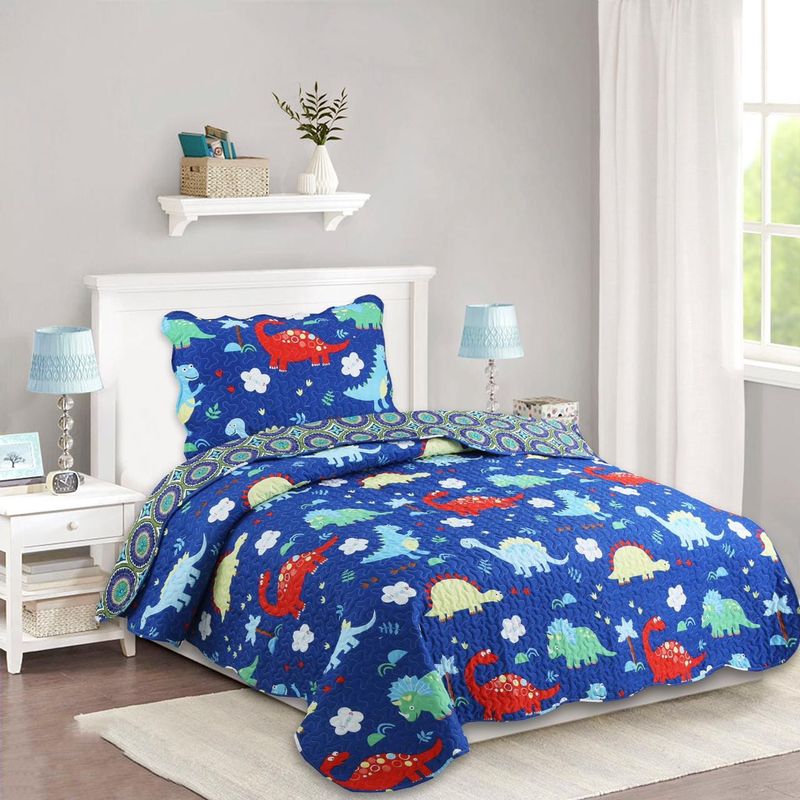 GENERICO - CUBRECAMA DE VERANO DELGADO QUILT 1.5 PLAZA  AZUL DINOSAURIOS DIANA