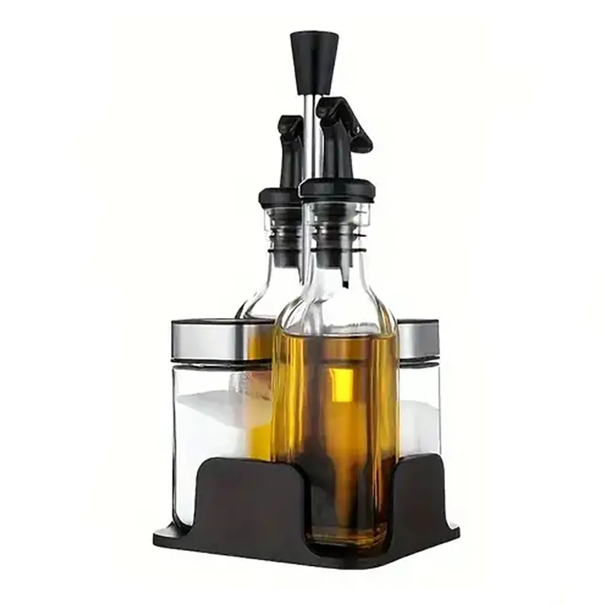 BELKRA - Set Dispensador Aceite Vinagre Sal Condimentos Vidrio Acero