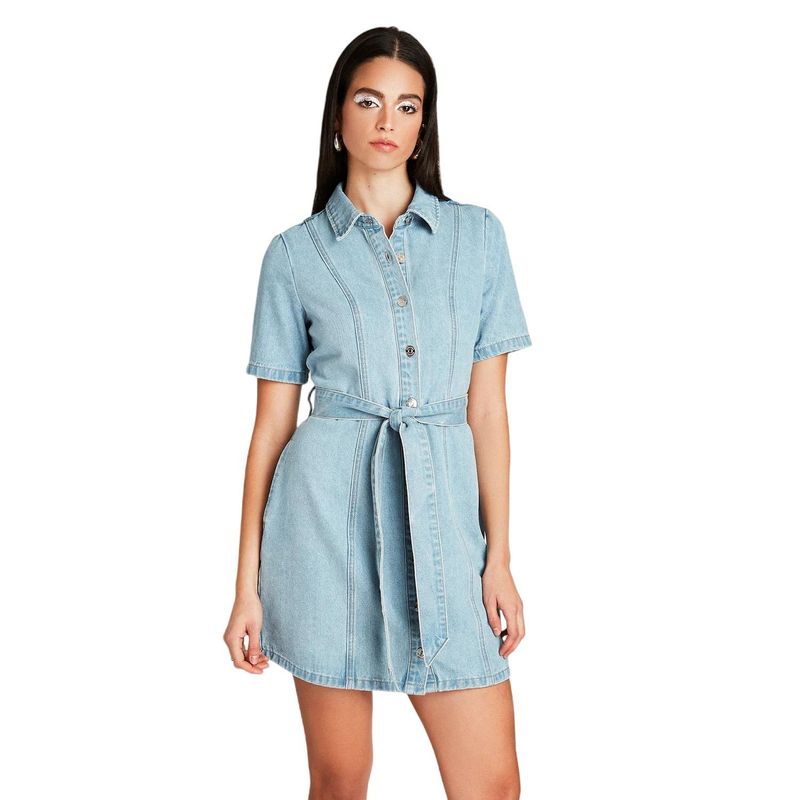 ACUARELA - Vestido Corto Celeste Manga Corta Cuello Camisero