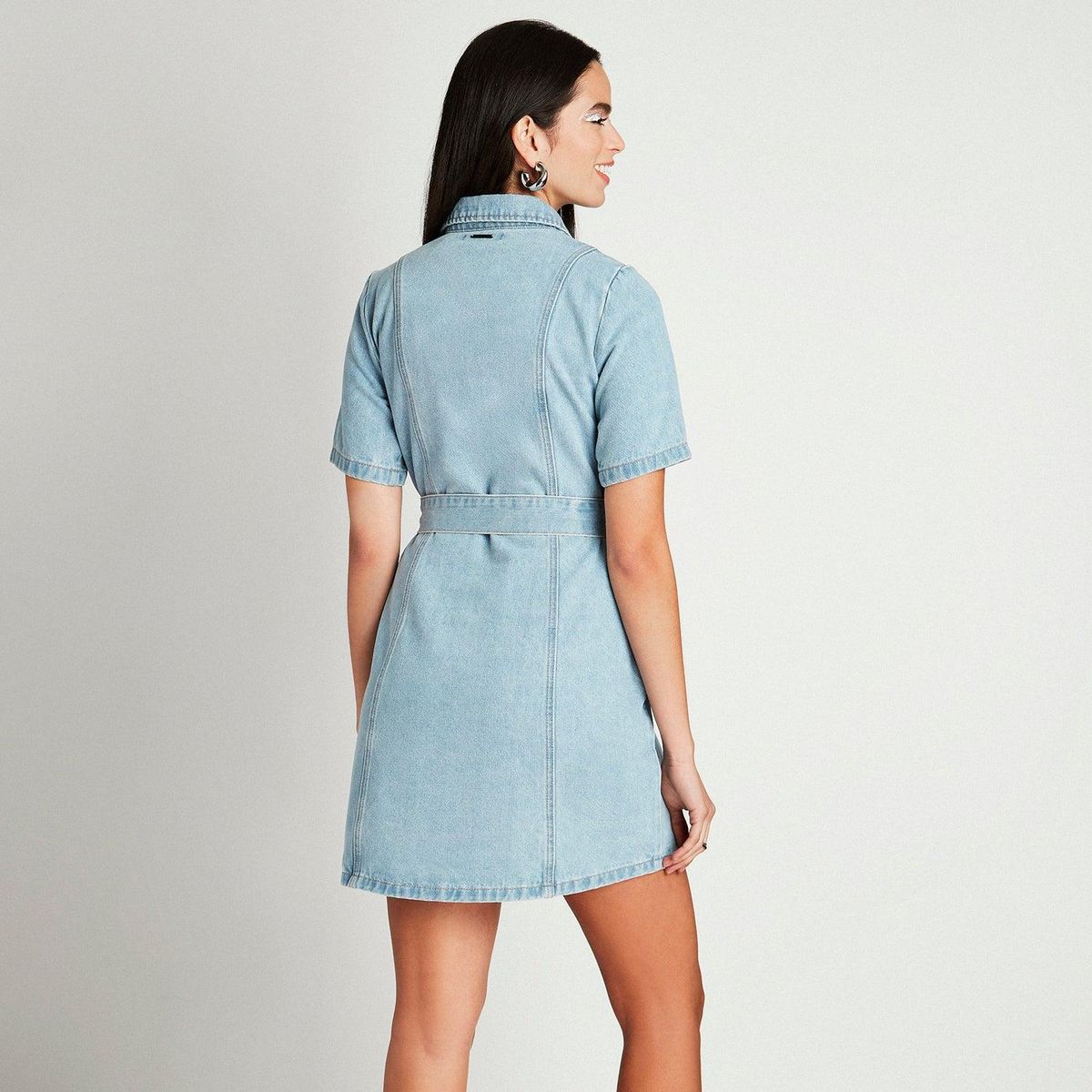 ACUARELA - Vestido Corto Celeste Manga Corta Cuello Camisero