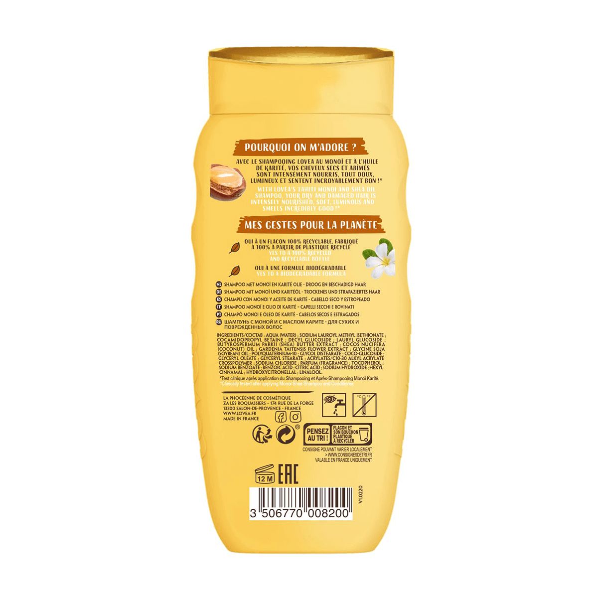 LOVEA - Shampoo Cabello Seco y Dañado Monoi Karité 250ml, Lovea