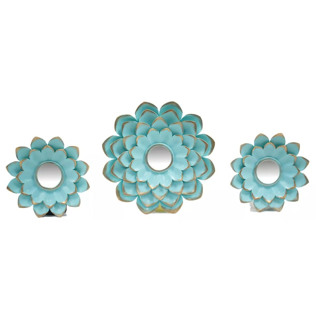 GENERICO - Set de 3 Espejos Flor Azul Borde Dorado para Pared
