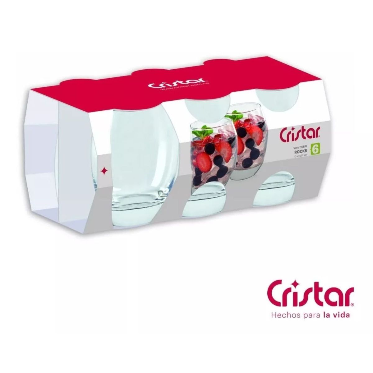 CRISTAR - Vaso Vidrio Cóctel Bebidas Dubai Rocks 357cc X6