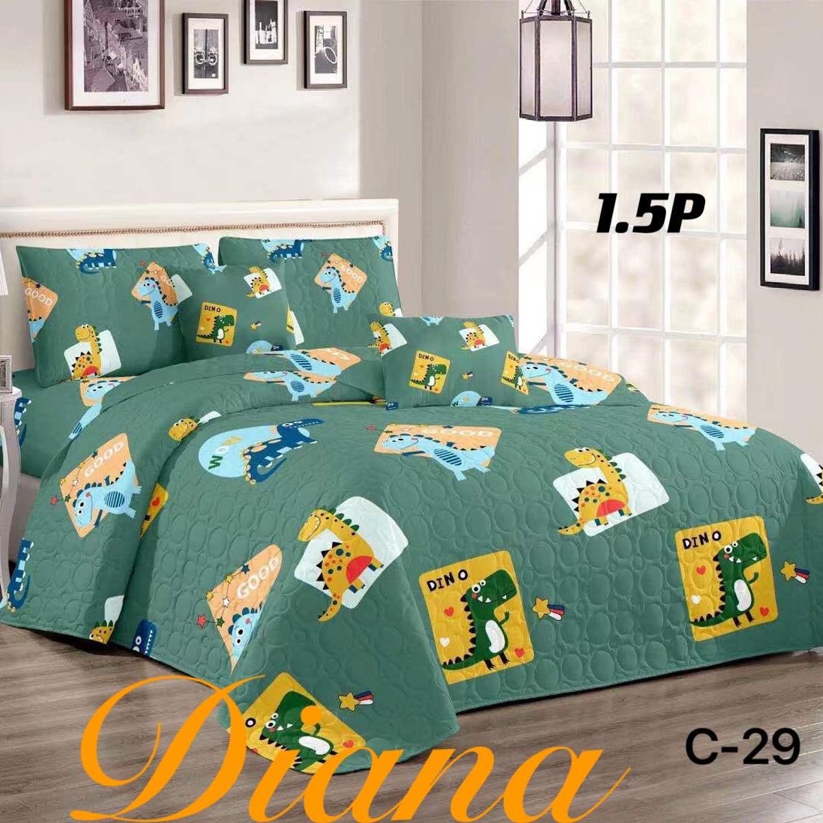 GENERICO - Cobertor Tipo Quilt de Verano / Cubrecamas 1,5 plaza - Verde Dinosaurio