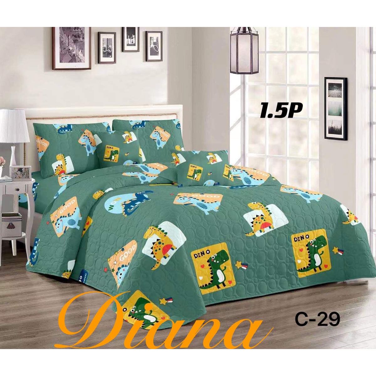 GENERICO - Cobertor Tipo Quilt de Verano / Cubrecamas 1,5 plaza - Verde Dinosaurio