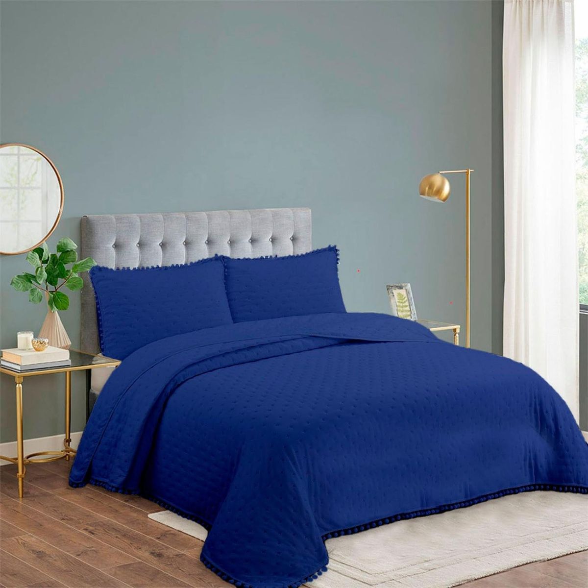 GENERICO - Cubrecama Quilt King De Verano 2.5 Plazas Pompones Azul