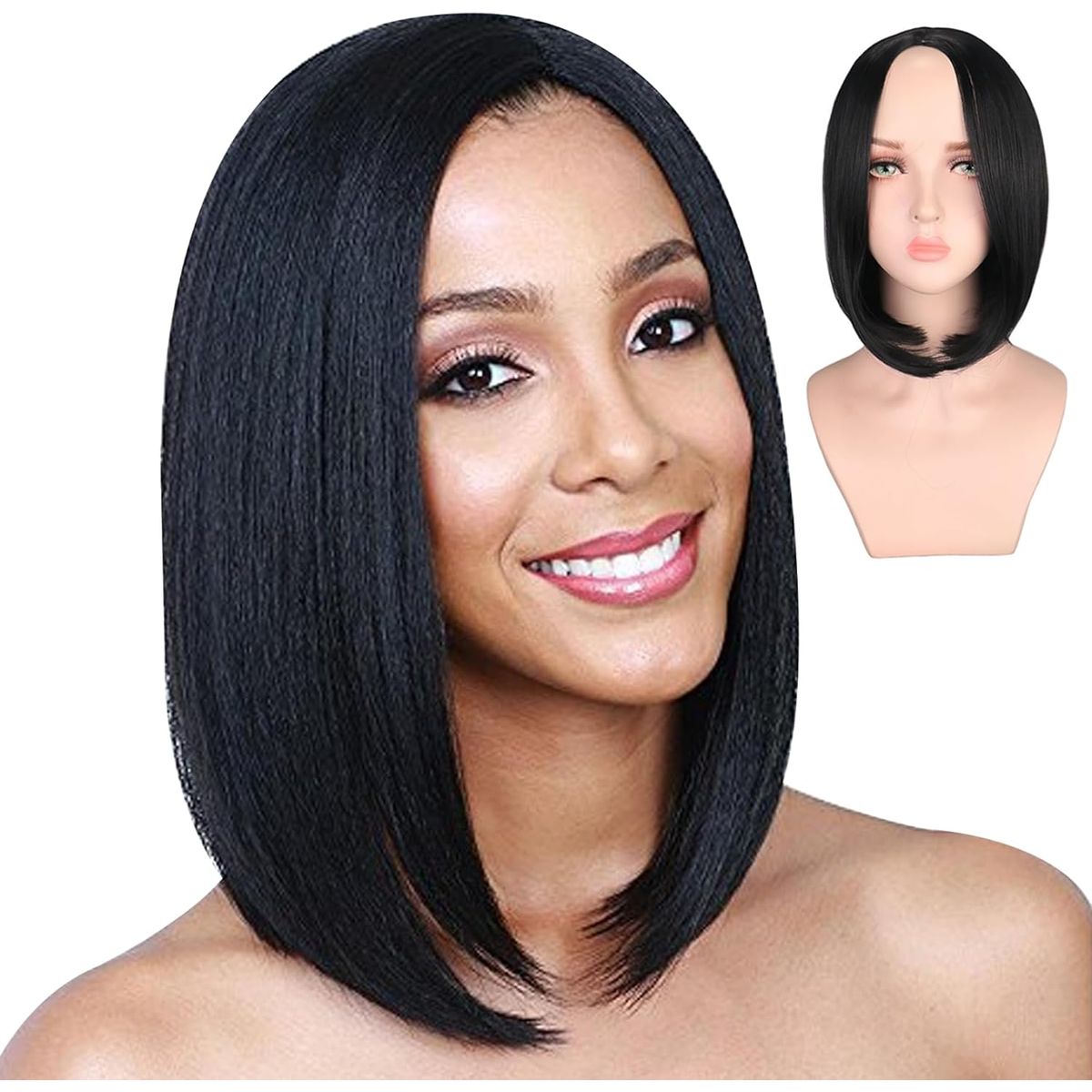 KUANGYE - Peluca Negra Corta Natural Cosplay Para Mujer Dama