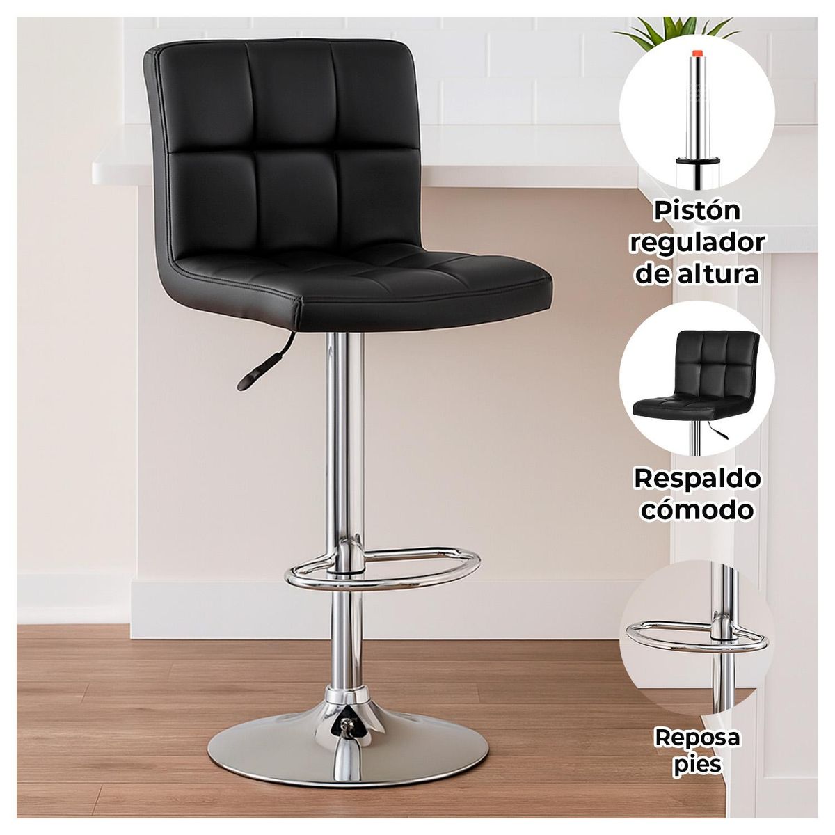 GLOBAL LATIN GROUP - Pack 8 Taburetes Giratorios 60-80 cm PU Base Acero y ajustable - Blanco