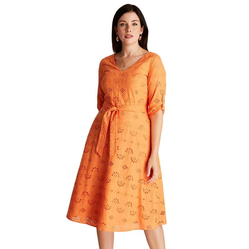 CURVI - Vestido Midi Naranjo Manga 3,4 Fantasía Cuello V CURVI