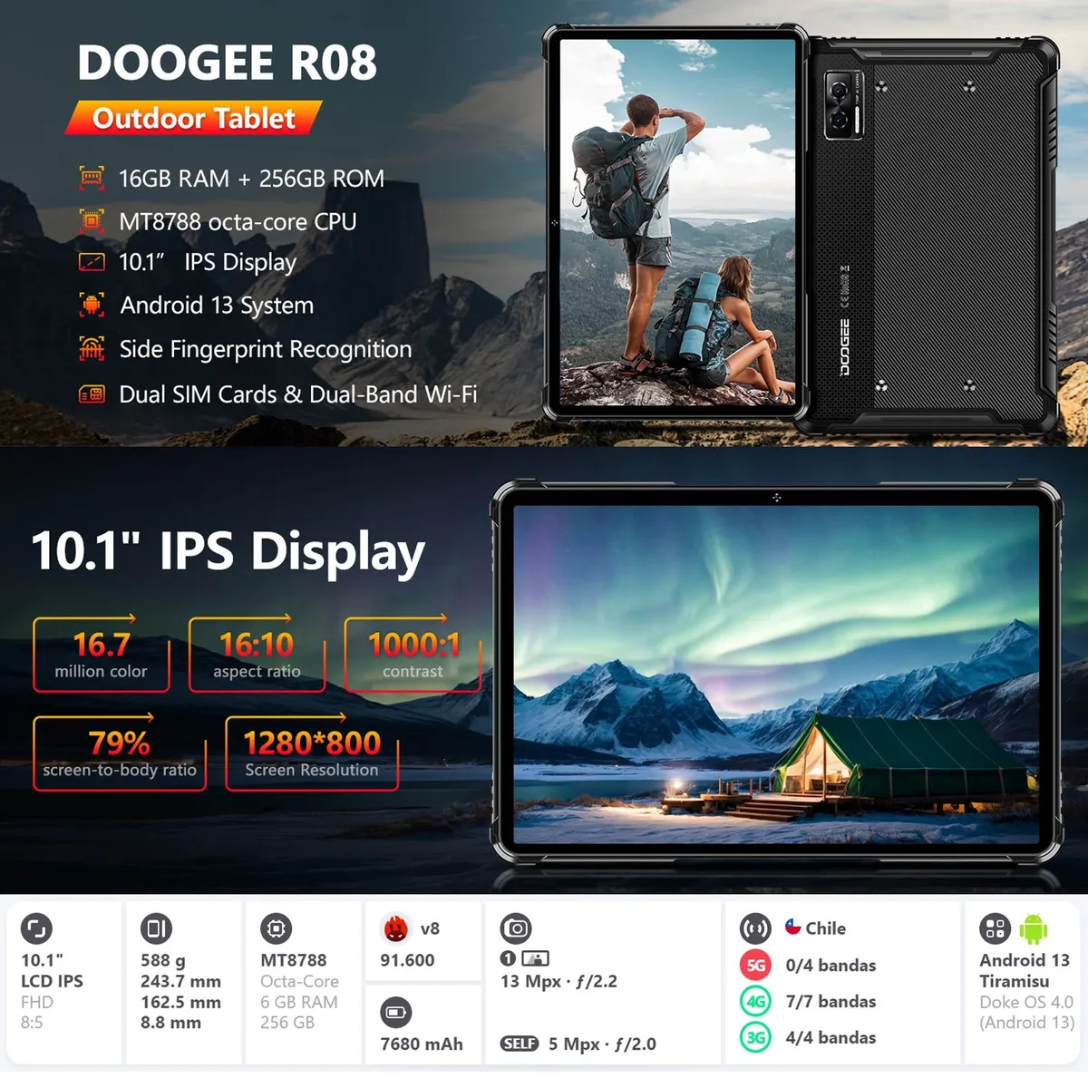 DOOGEE - Tablet 4G Resistente Agua y Golpes - Doogee R08 IP68 Militar GPS Android 13