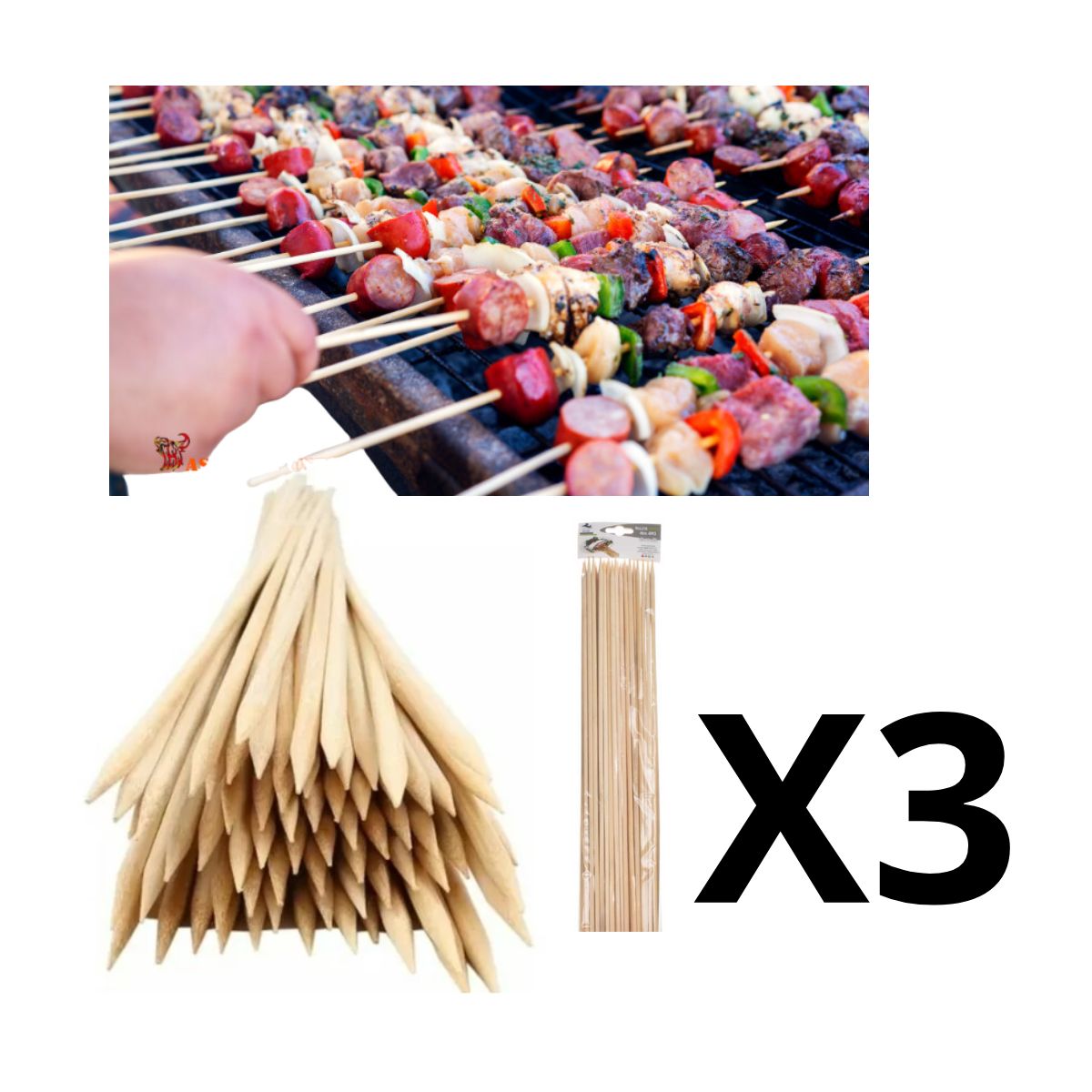 GENERICO - Pack 3 Paquetes De Palos Brochetas De Bambu Anticuchos 6x50Cm 35Pcs