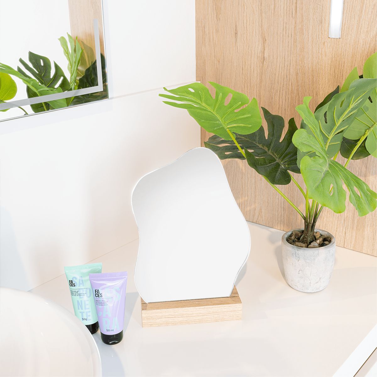 FMFURNITURE - Espejo Irregular con Base Madera 25x18x7 cm…