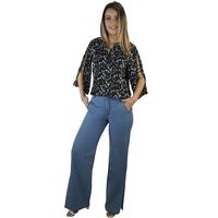 JEANS PALAZZO TIRO ALTO PUSH UP TENCEL TELA RIGIDA AZUL