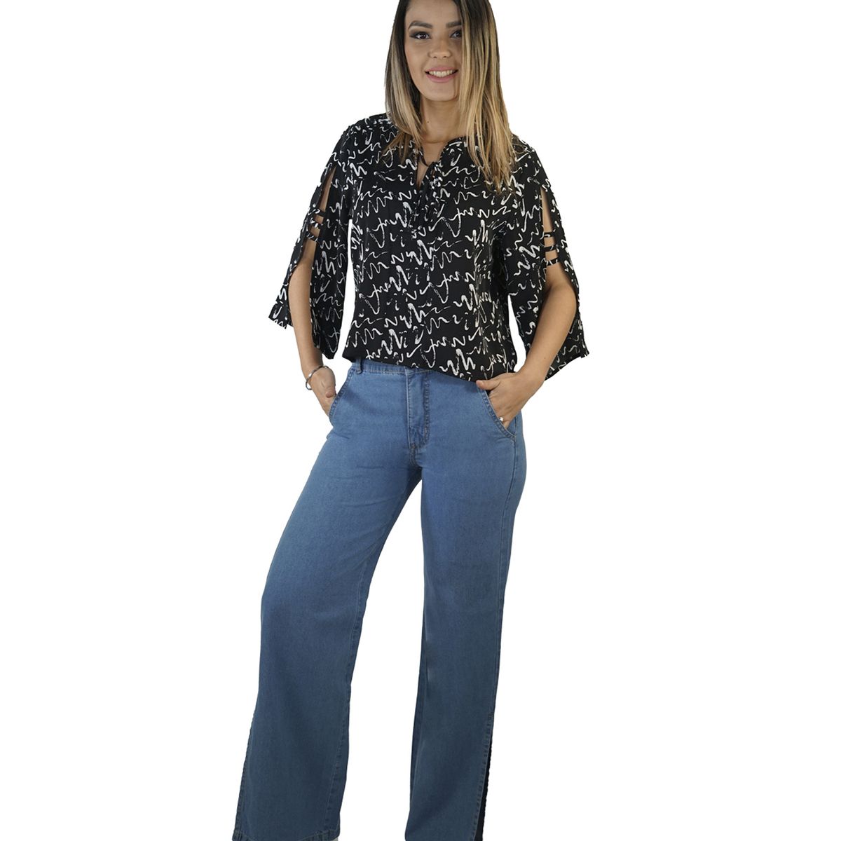 TENTATION - JEANS PALAZZO TIRO ALTO PUSH UP TENCEL TELA RIGIDA AZUL TENTATION