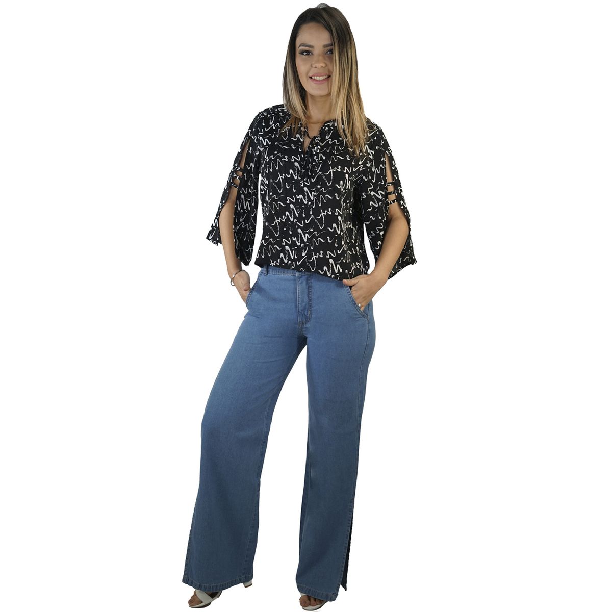 TENTATION - JEANS PALAZZO TIRO ALTO PUSH UP TENCEL TELA RIGIDA AZUL TENTATION