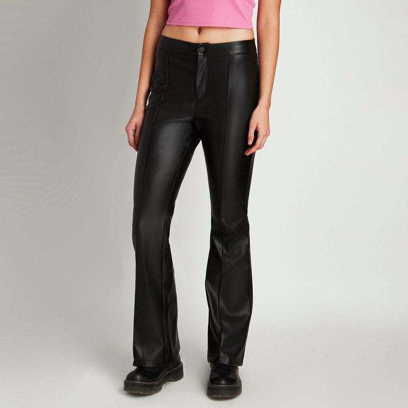 ACUARELA - Pantalón De Eco Cuero Flare Negro ACUARELA
