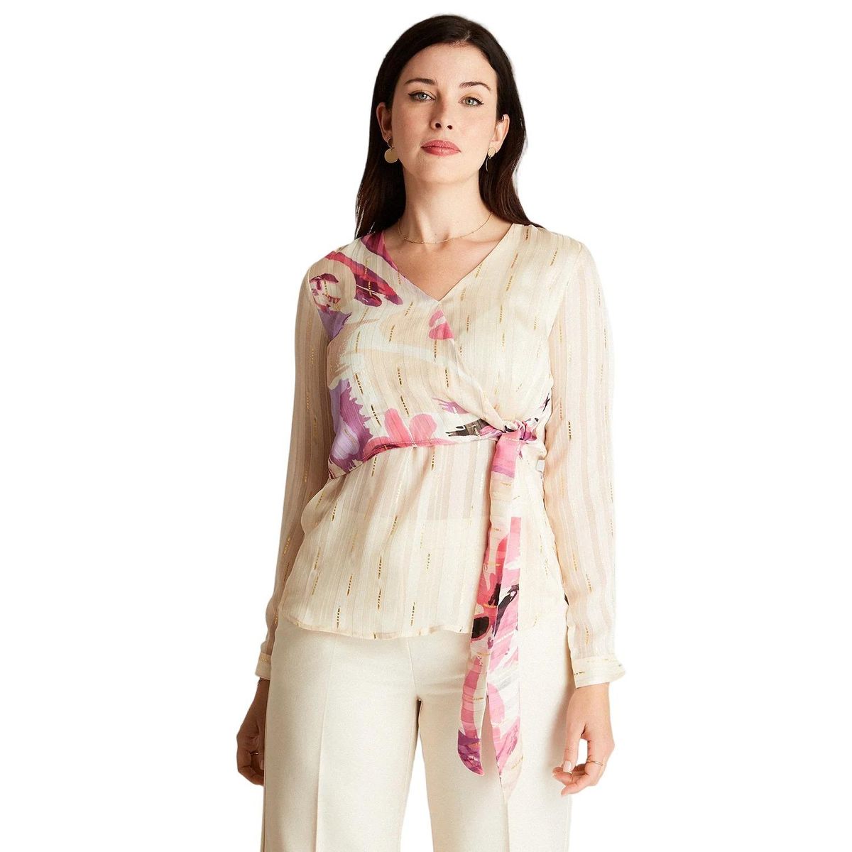 LORENZO DI PONTTI - Blusa Rosa Manga Larga Estampada Cuello V LORENZO DI PONTTI