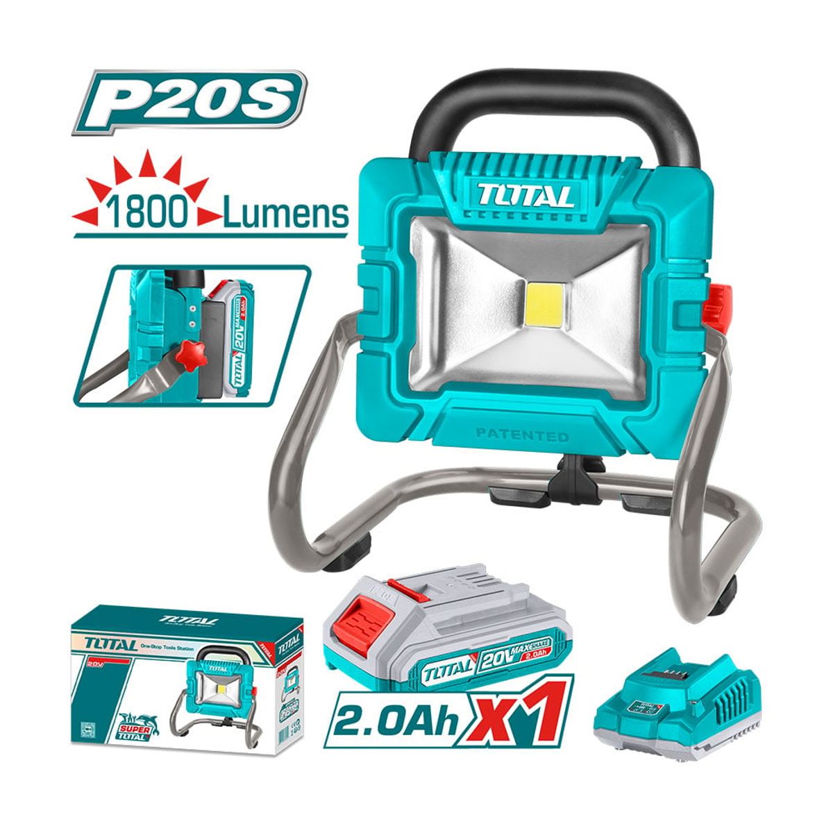 TOTAL TOOLS - Lámpara de Trabajo 20w Inalámbrica 20v + Batería 2ah + Cargador TOTAL