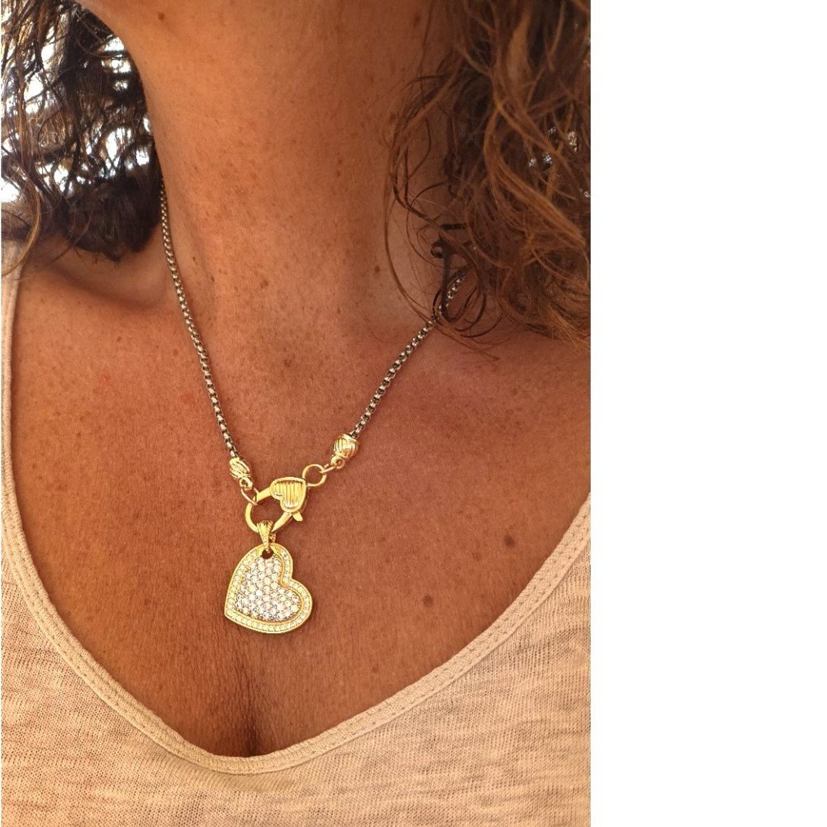 VANE COLLECTION - Collar mujer colgante corazón circones removible baño de oro y rodio