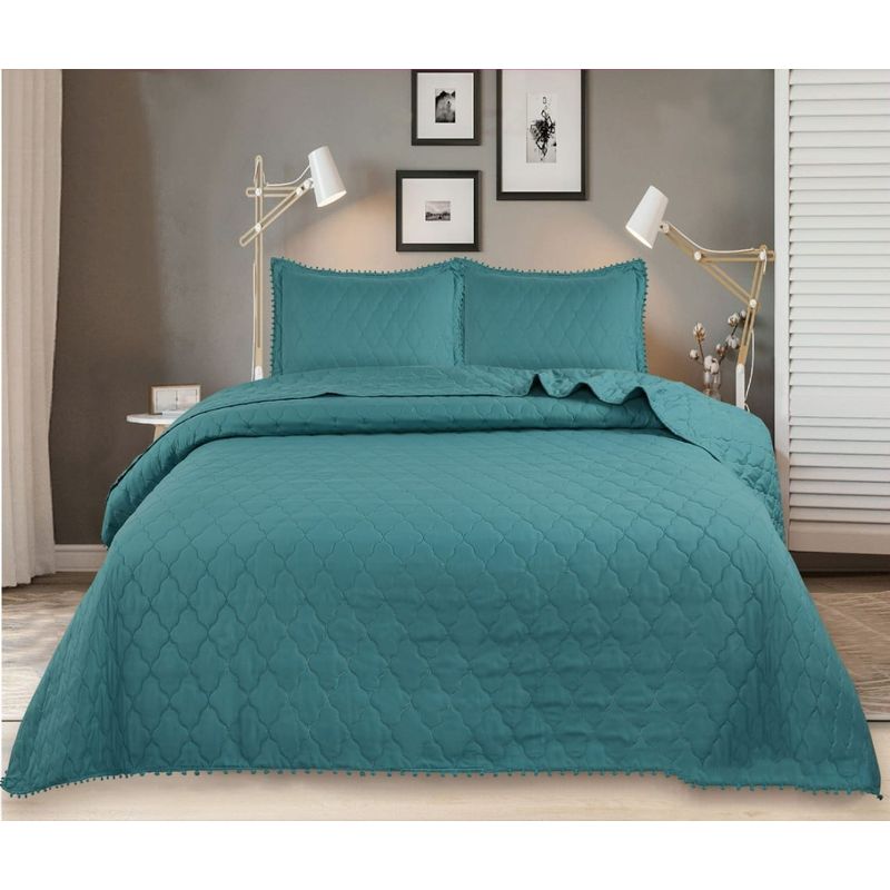 GENERICO - CUBRECAMA POMPON TURQUESA 2 PLAZA QUILT DE VERANO TF