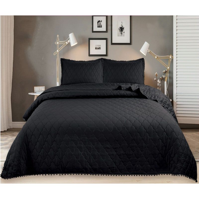 GENERICO - CUBRECAMA POMPON QUILT DE VERANO NEGRO 1.5 PLAZA  TF