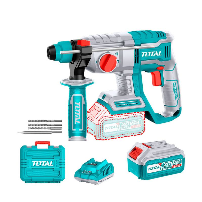 TOTAL TOOLS - Rotomartillo SDS Plus Brushless 2.0J 20v + Bat 4a + Carg + 4 Acc TOTAL