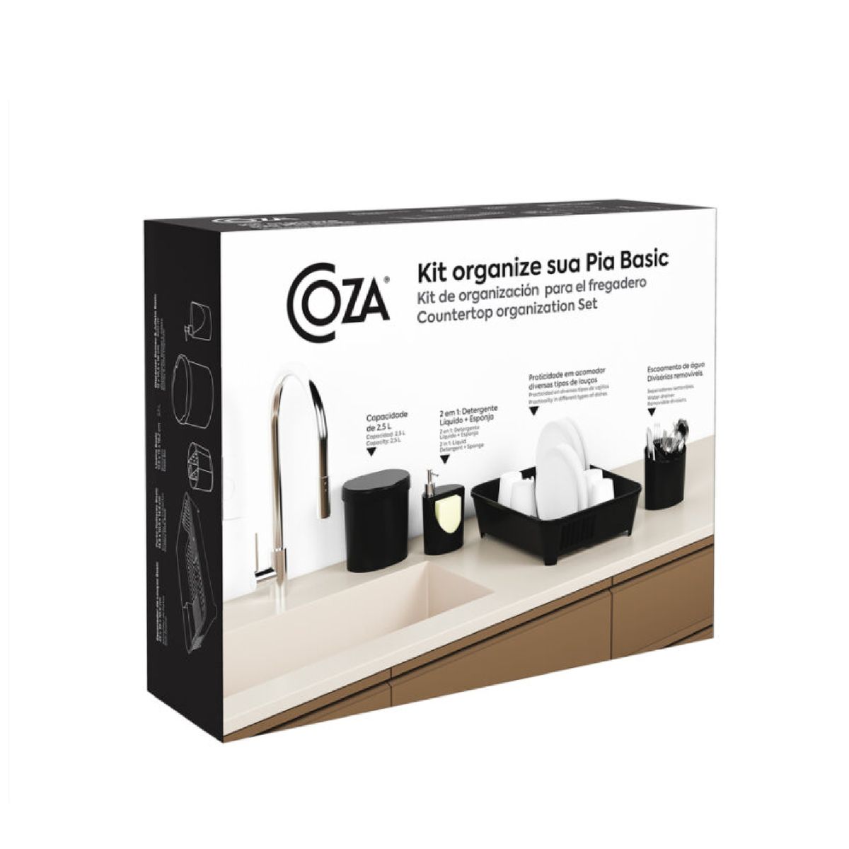 BRINOX - Set de Cocina Escurridor + Dispensador Jabon + Cesto Coza Negro