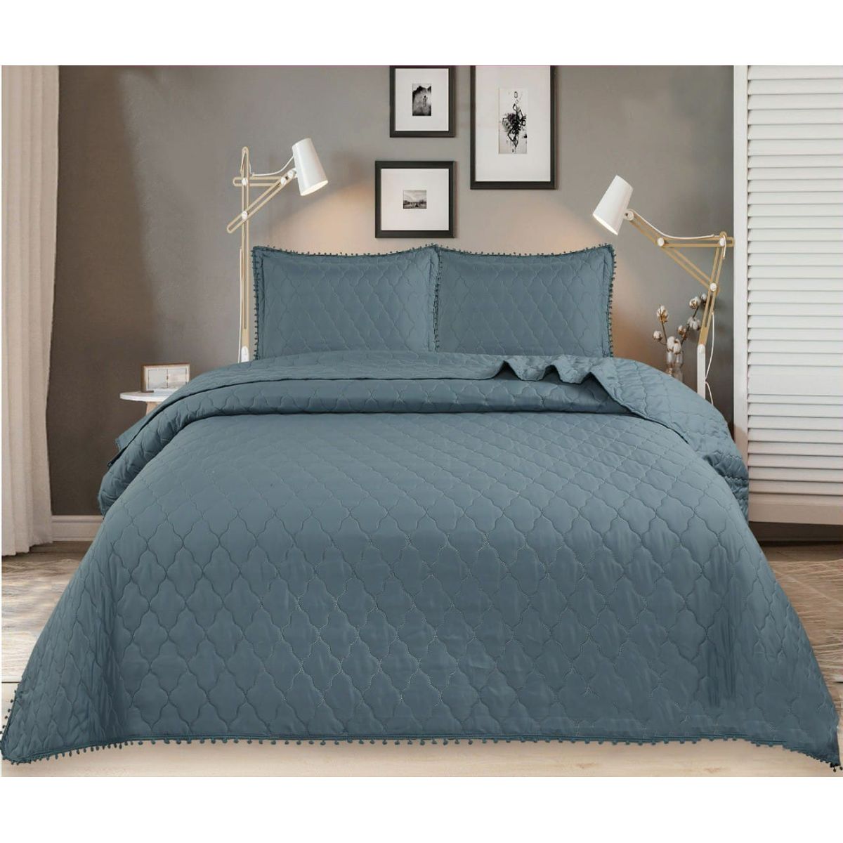 GENERICO - CUBRECAMA POMPON QUILT DE VERANO AZUL PETROLEO 2 PLAZA TF
