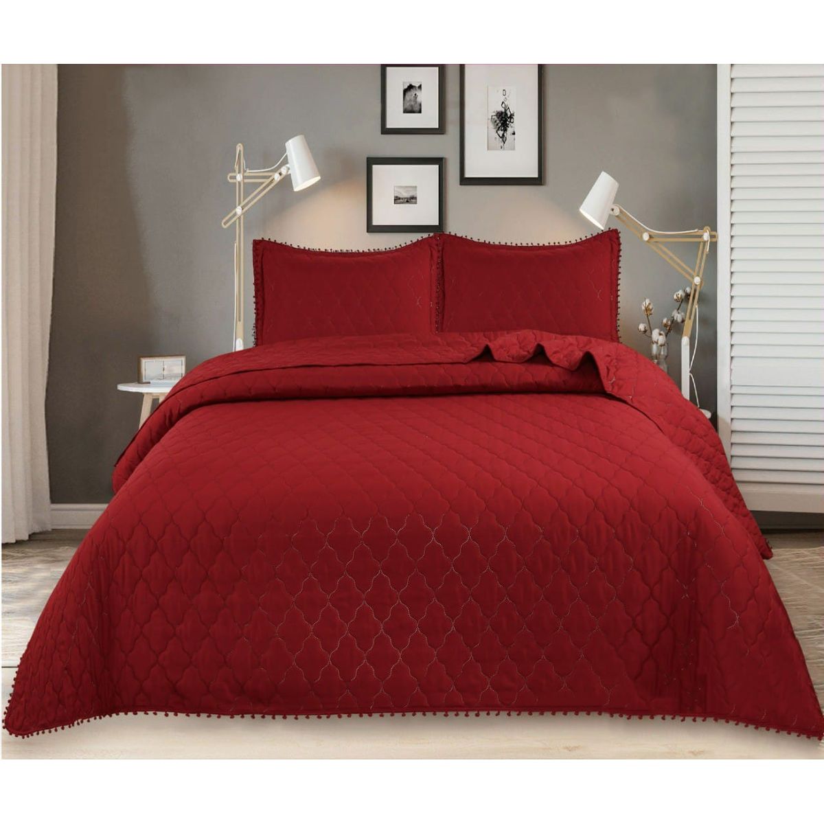 GENERICO - CUBRECAMA POMPON QUILT 2 PLAZA  DE VERANO COLOR BURDEO TF