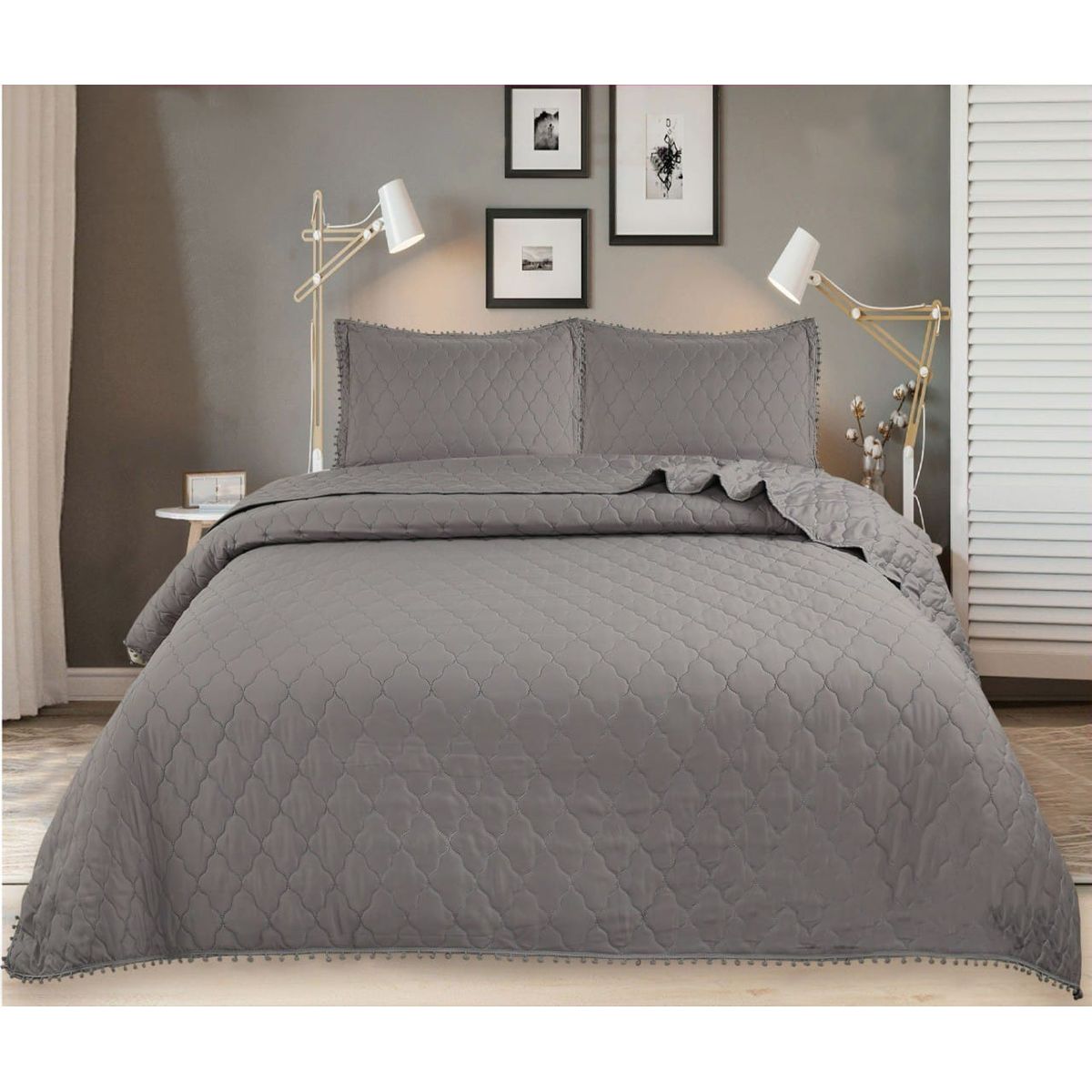GENERICO - CUBRECAMA POMPON QUILT 2 PLAZA  DE VERANO COLOR GRIS TF