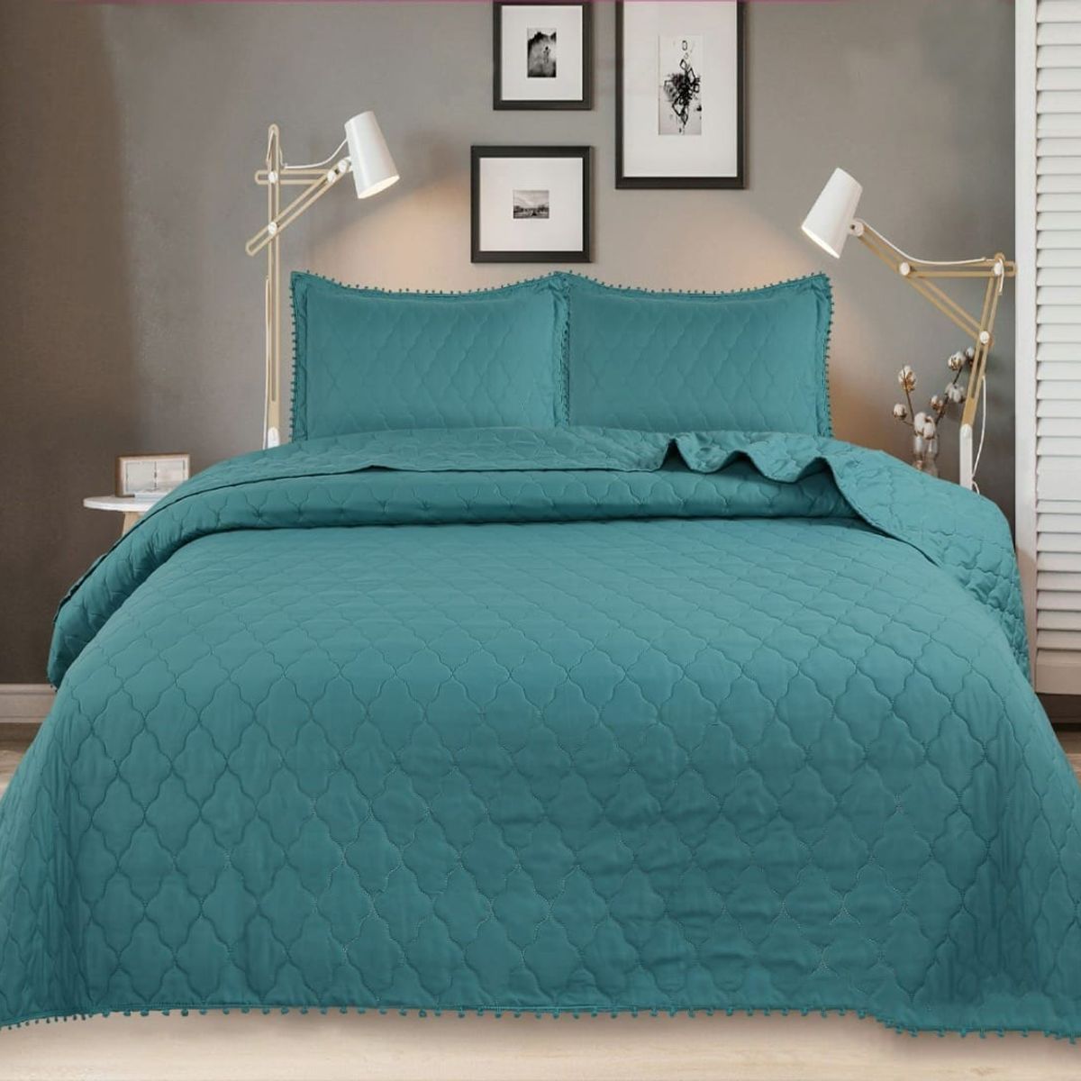 GENERICO - CUBRECAMA POMPON QUILT KING  DE VERANO COLOR TURQUESA TF