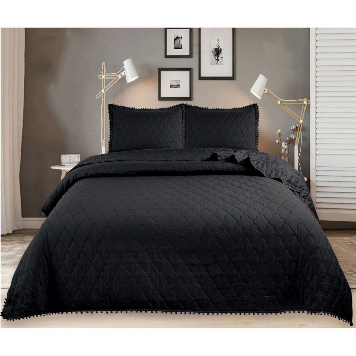 GENERICO - CUBRECAMA POMPON QUILT 2 PLAZA  DE VERANO COLOR NEGRO TF
